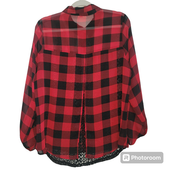 Charming Charlie Buffalo Plaid Sheer Lace Button Front Blouse Women's Size M - Picture 6 of 6